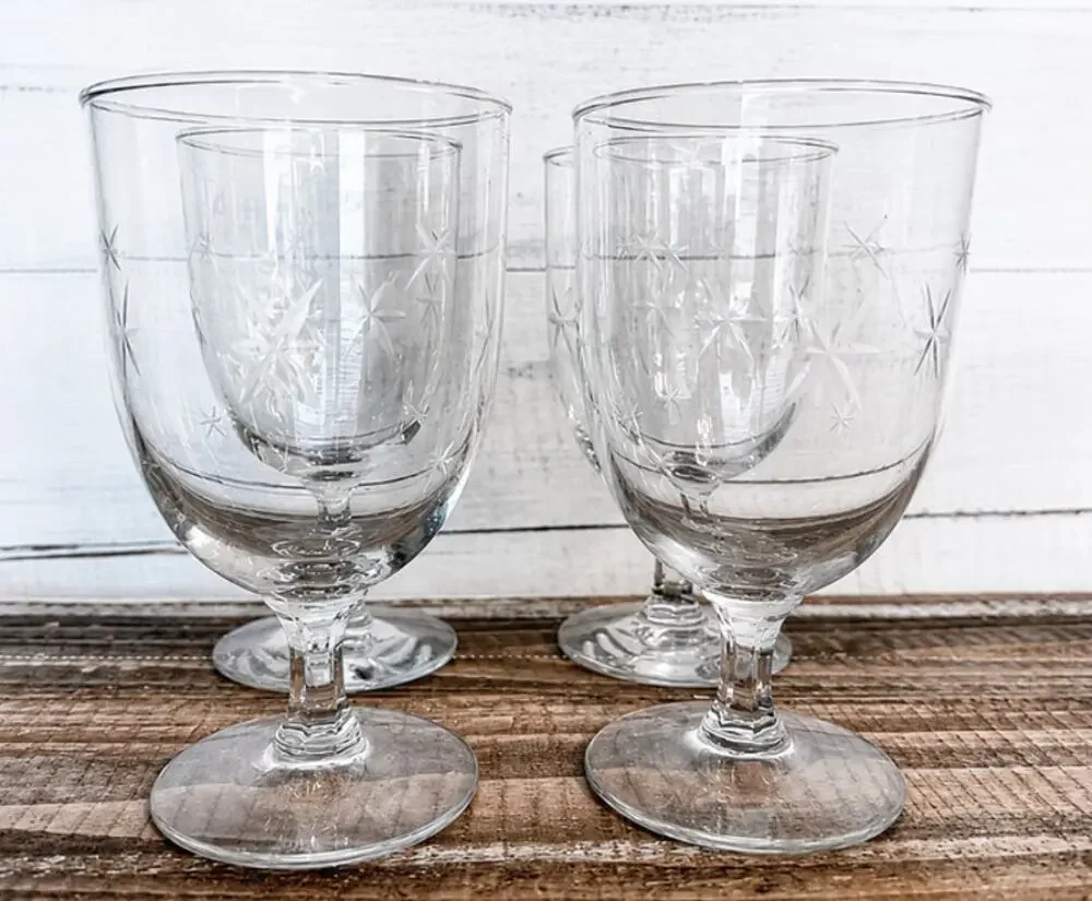 Vintage MCM Barware Quartzex Crystal Star Dust Atomic Water Wine Goblet Set 4